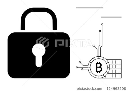 Large black lock symbol with Bitcoin symbol and blockchain concept beside it. Ideal for cryptocurrency security blockchain digital currency cryptography protection. Minimalist graphic design Large black lock symbol with Bitcoin symbol and blockchain concept beside it. Ideal for cryptocurrency security blockchain digital currency cryptography protection. Minimalist graphic design 124962208