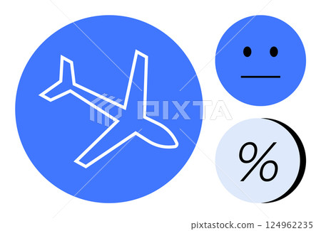 Airplane inside blue circle, neutral face, and percentage symbol as distinct visual elements. Ideal for travel, aviation, emotions, statistics, economics, finance, education. Line metaphor 124962235
