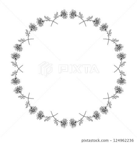 Delicate round wreath made of wildflowers and slender stems with leaves. Hand drawn floral composition featuring chamomile, echinacea, rudbeckia or calendula. Ideal for cards and eco designs. 124962236