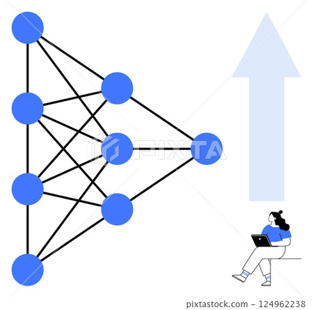 Neural network diagram with blue nodes interconnected by lines, woman sitting with laptop, upward trend arrow. Ideal for artificial intelligence, machine learning, education, research, technology 124962238