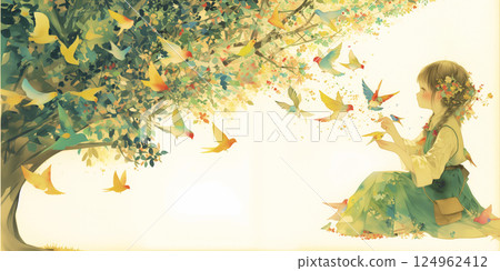 A woman controlling a small bird. Illustration. Watercolor painting. Banner material. Illustration material. Saisei material 124962412