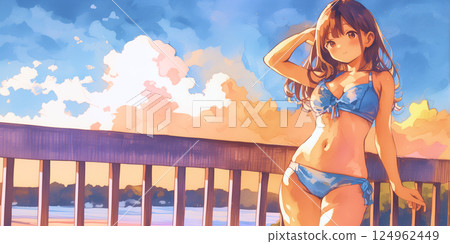 A woman relaxing in a swimsuit. Illustration. Watercolor. Banner material. Illustration material. Saisei material 124962449