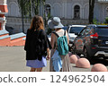 Two women, city street, summer, heat day 124962504