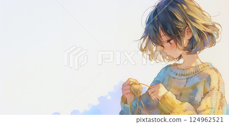 A woman knitting. Illustration. Watercolor. Banner material. Illustration material. Saisei material 124962521