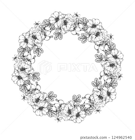 Hand drawn floral wreath made of rosehip branches with flowers, buds and berries. Perfect for herbal tea, natural skincare, wedding invitations, cosmetic packaging, cards and seasonal holiday designs. 124962540