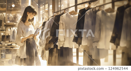 A woman choosing clothes. Illustration. Watercolor. Banner material. Illustration material. Saisei material 124962544