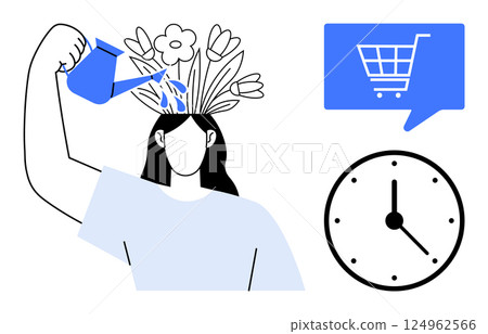Woman pouring water on flowers growing from head, reminding of self-care and growth. Clock symbolizes time-management, shopping cart indicates online shopping. Ideal for wellness, mindfulness Woman pouring water on flowers growing from head, reminding of self-care and growth. Clock symbolizes time-management, shopping cart indicates online shopping. Ideal for wellness, mindfulness 124962566