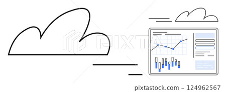 Stylized cloud icon connected to a detailed data analytics dashboard with charts and graphs. Ideal for data storage, cloud computing, business analytics, data management, network solutions, IT Stylized cloud icon connected to a detailed data analytics dashboard with charts and graphs. Ideal for data storage, cloud computing, business analytics, data management, network solutions, IT 124962567