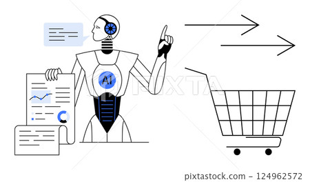 Robot holding data charts and pointing towards a shopping cart representing the intersection of artificial intelligence and online shopping. Ideal for technology, marketing, data analysis Robot holding data charts and pointing towards a shopping cart representing the intersection of artificial intelligence and online shopping. Ideal for technology, marketing, data analysis 124962572