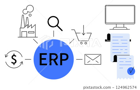 Central blue ERP surrounded by graphics of a factory, magnifying glass, shopping cart, dollar sign, envelope, computer, and documents. Ideal for business, technology, finance, supply chain 124962574