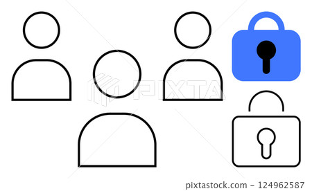 Simple outline icons showing three generic human figures and two lock symbols, one blue and one black and white. Ideal for security, data protection, privacy, user access, cybersecurity. Minimalist 124962587