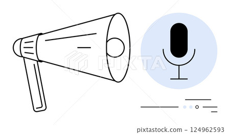 Megaphone amplifying sound next to a microphone stand symbol in light blue circle. Ideal for announcements, broadcasting, public speaking, media, marketing, communication strategies, voice recording Megaphone amplifying sound next to a microphone stand symbol in light blue circle. Ideal for announcements, broadcasting, public speaking, media, marketing, communication strategies, voice recording 124962593