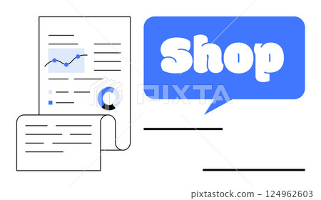Simplified representation of documents featuring graphs and charts, paired with a blue speech bubble labeled Shop. Ideal for business planning, e-commerce, online marketing, analytics, data Simplified representation of documents featuring graphs and charts, paired with a blue speech bubble labeled Shop. Ideal for business planning, e-commerce, online marketing, analytics, data 124962603