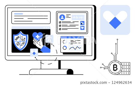Computer screen displays medical icons, charts, and a healthcare hand holding a heart icon. Ideal for telemedicine, health technology, digital health records, blockchain in healthcare, and remote Computer screen displays medical icons, charts, and a healthcare hand holding a heart icon. Ideal for telemedicine, health technology, digital health records, blockchain in healthcare, and remote 124962634