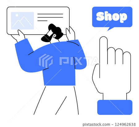 Man wearing a virtual reality headset holding a picture next to an enlarged hand pointing to a Shop button. Ideal for virtual reality, e-commerce, technology, digital marketing, modern design Man wearing a virtual reality headset holding a picture next to an enlarged hand pointing to a Shop button. Ideal for virtual reality, e-commerce, technology, digital marketing, modern design 124962638