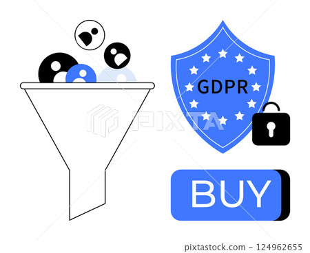 Icons of a data processing funnel, GDPR shield with lock, and a buy button. Ideal for illustrating data protection, online security, e-commerce policies, digital trust, consent management, customer 124962655