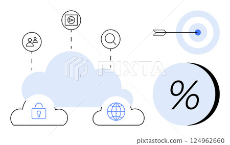 Cloud surrounded by internet icon, security lock, users, media play button, search, target with arrow, and percentage. Ideal for digital security, data management, cloud storage, online analytics 124962660