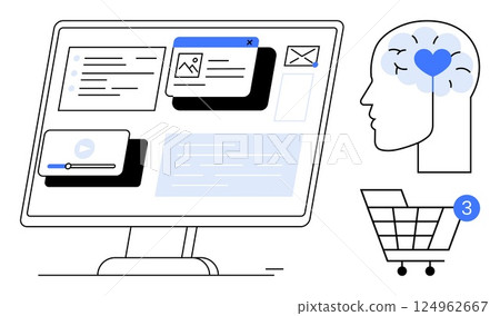 Computer monitor displaying web interface elements and notifications. Human brain with a heart represents mental engagement. Shopping cart with item counter. Ideal for technology, e-commerce, mental 124962667