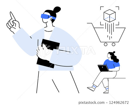 People using VR headset, shopping cart with cube icon, person with laptop. Ideal for technology, virtual reality, online shopping, innovation, e-commerce, work-from-home, and remote learning themes People using VR headset, shopping cart with cube icon, person with laptop. Ideal for technology, virtual reality, online shopping, innovation, e-commerce, work-from-home, and remote learning themes 124962672