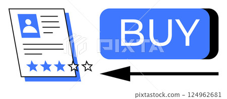 Customer review profile sheet with a star rating system alongside a prominent BUY button and arrow. Ideal for e-commerce, user reviews, ratings, online shopping, consumer feedback, product pages 124962681