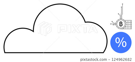 Large cloud outline with a Bitcoin symbol connected to circuit lines and a percentage icon. Ideal for cryptocurrency cloud storage, digital savings, financial technology, blockchain security and data Large cloud outline with a Bitcoin symbol connected to circuit lines and a percentage icon. Ideal for cryptocurrency cloud storage, digital savings, financial technology, blockchain security and data 124962682