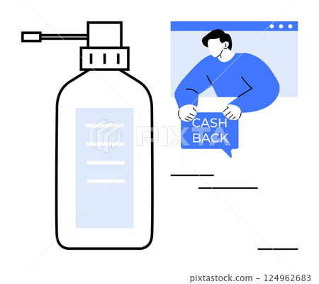 A person holding a cashback sign coming out of a computer screen next to a bottle. Ideal for digital marketing, e-commerce, online shopping, cashback offers, and promotional campaigns. Minimalist A person holding a cashback sign coming out of a computer screen next to a bottle. Ideal for digital marketing, e-commerce, online shopping, cashback offers, and promotional campaigns. Minimalist 124962683