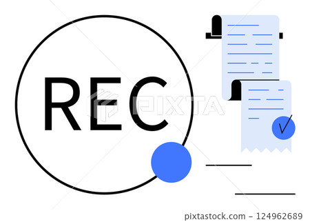 Large circle with REC label symbolizing recording, a long paper checklist with multiple lines, and a blue check mark indicating task completion or tracking. Ideal for productivity, project Large circle with REC label symbolizing recording, a long paper checklist with multiple lines, and a blue check mark indicating task completion or tracking. Ideal for productivity, project 124962689