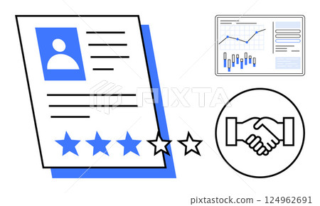 Resume with rating stars and profile picture, handshake symbolizing agreement, performance chart. Ideal for recruitment, employee evaluation, business agreements, job interviews, performance Resume with rating stars and profile picture, handshake symbolizing agreement, performance chart. Ideal for recruitment, employee evaluation, business agreements, job interviews, performance 124962691