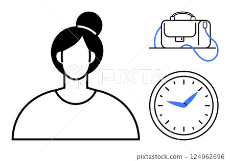 Minimalist portrait of a woman, clock, and briefcase. Ideal for business, time management, productivity, work-life balance, womens career, deadlines, corporate planning. Line metaphor 124962696
