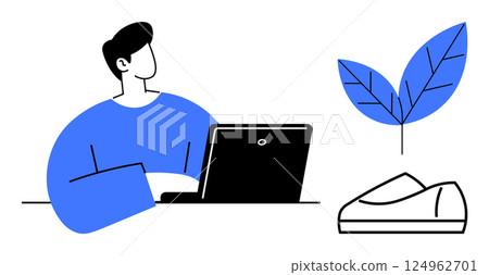 Freelancer working on laptop, plant symbolizing growth, leaf motif, and shoes. Ideal for remote work, sustainability, personal development, tech adoption, creative industries, business growth 124962701