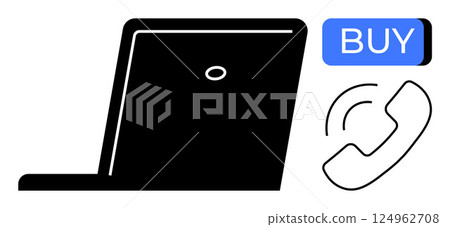 Laptop with Buy button and telephone receiver icon indicating online shopping and customer service support. Ideal for e-commerce, retail, tech support, digital marketing, customer relations, online 124962708