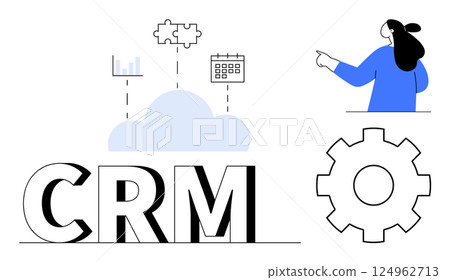 Large CRM text, cloud with charts and calendar above, gear icon, and person pointing. Ideal for business strategy, CRM solutions, data management, customer engagement, team workflow 124962713