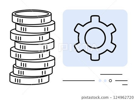 Stack of coins beside a gear icon representing economic mechanisms and financial systems. Ideal for finance, business, economy, investment, banking, technology, and automation contexts. Line metaphor 124962720