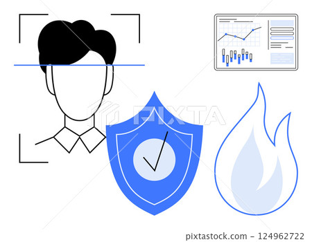 Facial recognition scan, shield with check mark, flame icon, and analytics dashboard. Ideal for cybersecurity, data protection, analytics, biometrics, fire safety, online security, and technology Facial recognition scan, shield with check mark, flame icon, and analytics dashboard. Ideal for cybersecurity, data protection, analytics, biometrics, fire safety, online security, and technology 124962722