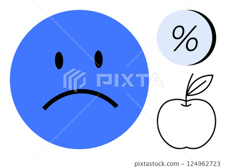 Blue sad face emoticon, black outline apple, and percentage symbol with blue highlight. Ideal for emotions, health, nutrition, education, statistics, graphic design, and communication themes. Line Blue sad face emoticon, black outline apple, and percentage symbol with blue highlight. Ideal for emotions, health, nutrition, education, statistics, graphic design, and communication themes. Line 124962723