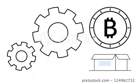 Cogs and Bitcoin coin symbolizing cryptocurrency mining beside a house. Ideal for blockchain, financial technology, mechanical systems, innovation, digital currency, home automation, engineering 124962732