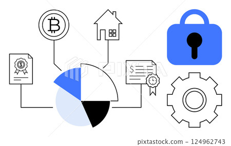 Pie chart connected to Bitcoin symbol, house, certificate, and contract, alongside a lock and gear. Ideal for finance, technology, security, cryptocurrency, blockchain systems. Simple vector style Pie chart connected to Bitcoin symbol, house, certificate, and contract, alongside a lock and gear. Ideal for finance, technology, security, cryptocurrency, blockchain systems. Simple vector style 124962743