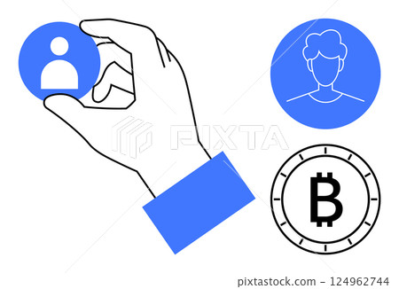 Hand picking blue user icon among other icons including a user profile and Bitcoin symbol. Ideal for technology, digital identity, social media, cryptocurrency, user selection, finance, blockchain 124962744