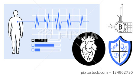 Human figure with heartbeat graph and progress bars, biological heart image, blockchain symbol, and blue shield with medical icons. Ideal for healthcare, technology, medical research, data security Human figure with heartbeat graph and progress bars, biological heart image, blockchain symbol, and blue shield with medical icons. Ideal for healthcare, technology, medical research, data security 124962750