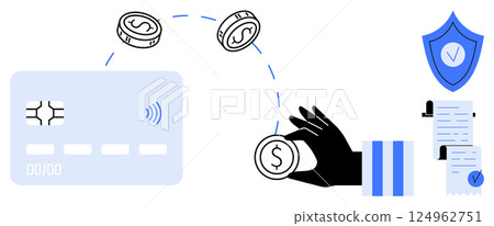 A contactless card, coins, a hand holding a coin, shield with checkmark and documents. Ideal for digital payment, security, contactless transactions, online banking, cashless economy. Simple vector A contactless card, coins, a hand holding a coin, shield with checkmark and documents. Ideal for digital payment, security, contactless transactions, online banking, cashless economy. Simple vector 124962751