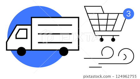 Delivery truck on blue circle background next to shopping cart with notification and abstract wind. Ideal for ecommerce, delivery services, online shopping, logistics, supply chain, retail 124962755