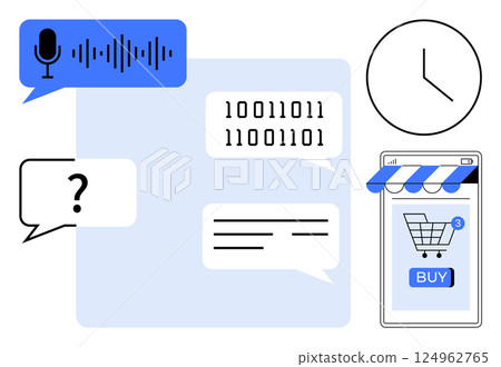 Various elements such as a microphone icon, binary code, a clock, a question mark, and a shopping cart on a mobile screen. Ideal for communication, technology, coding, e-commerce, time management Various elements such as a microphone icon, binary code, a clock, a question mark, and a shopping cart on a mobile screen. Ideal for communication, technology, coding, e-commerce, time management 124962765