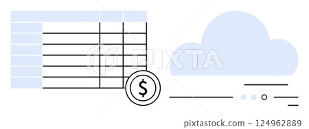 Financial spreadsheet with rows and columns, cloud storage icon, and dollar sign. Ideal for budgeting, finance tracking, cloud computing, financial planning, data storage, business analytics Financial spreadsheet with rows and columns, cloud storage icon, and dollar sign. Ideal for budgeting, finance tracking, cloud computing, financial planning, data storage, business analytics 124962889