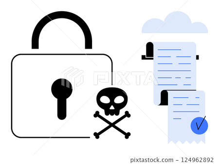 A padlock and a skull symbol indicate security and threat and warning next to a document with a verified checkmark. Ideal for cyber attacks, online security, data protection, secure documents 124962892