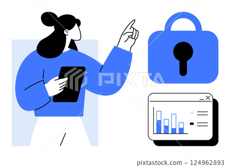 A businesswoman holds a tablet while pointing at a lock representing cybersecurity. Below, a browser window displays a bar chart. Ideal for data security, online privacy, business analytics A businesswoman holds a tablet while pointing at a lock representing cybersecurity. Below, a browser window displays a bar chart. Ideal for data security, online privacy, business analytics 124962893