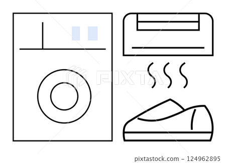 Washing machine, air conditioner, and clothes steamer with steam lines. Ideal for household chores, appliances, home maintenance, cleaning, comfort, energy efficiency, modern living. Line metaphor Washing machine, air conditioner, and clothes steamer with steam lines. Ideal for household chores, appliances, home maintenance, cleaning, comfort, energy efficiency, modern living. Line metaphor 124962895