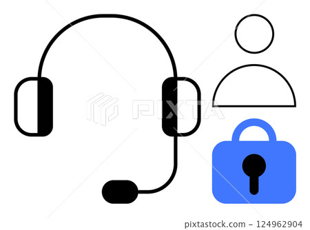 A headset with a microphone, a user profile icon, and a padlock symbol in blue ideal for customer service, user support, security, communication, and privacy protection. Simple and clean design 124962904