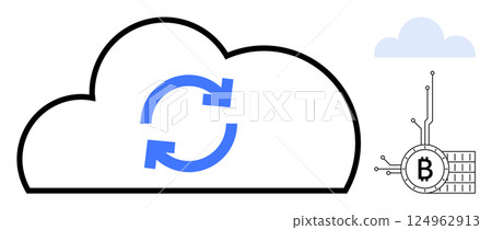 Black and blue cloud with sync arrows and bitcoin symbol connected to circuit. Ideal for technology, digital currency, blockchain, cloud computing, financial transactions. Simplistic vector art Black and blue cloud with sync arrows and bitcoin symbol connected to circuit. Ideal for technology, digital currency, blockchain, cloud computing, financial transactions. Simplistic vector art 124962913