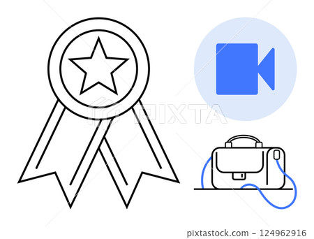 Star medal symbolizing excellence, video camera icon for digital content, and briefcase indicating business. Ideal for corporate recognition, digital content, business, professional services, awards Star medal symbolizing excellence, video camera icon for digital content, and briefcase indicating business. Ideal for corporate recognition, digital content, business, professional services, awards 124962916