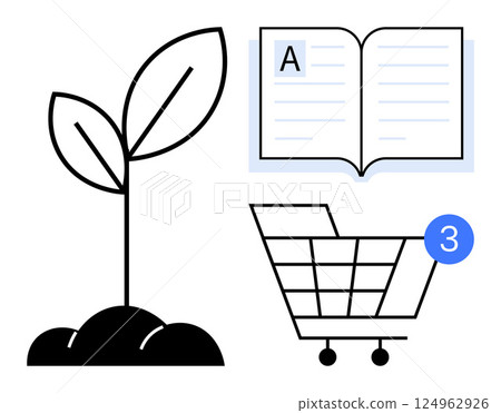 Young plant sprouting from soil, an open book with letter A, and shopping cart with notification. Ideal for education, growth, e-commerce, online learning, sustainability, environment, shopping. Line 124962926